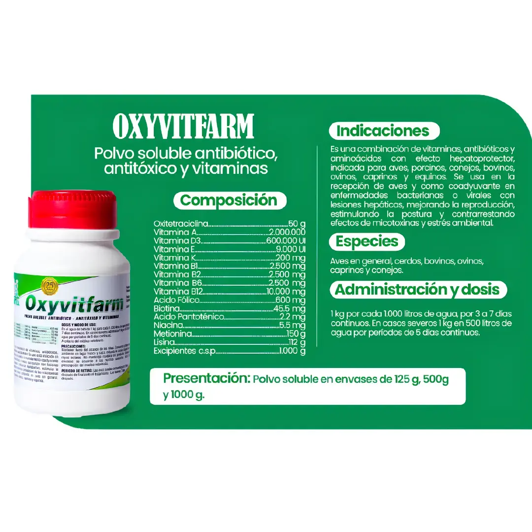 OXYVITFARM – POLVO SOLUBLE ANTIBIÓTICO, ANTITÓXICO Y VITAMINADO